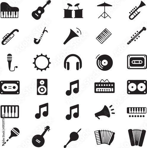 black and white music icons on white background