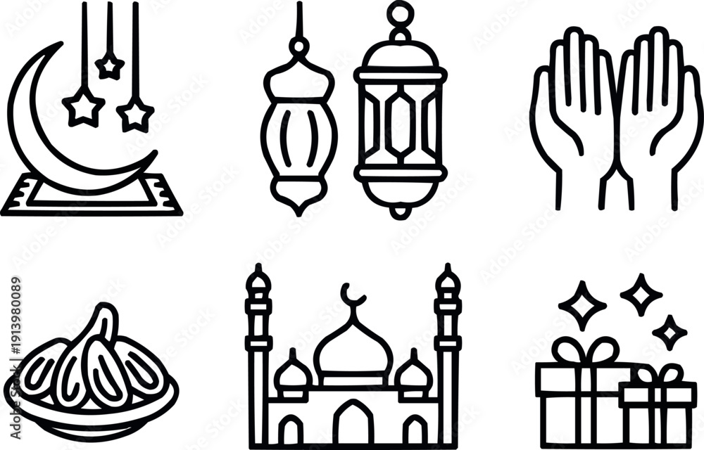 Fototapeta premium Islamic icons set for ramadan and eid celebration with moon mosque lantern prayers dates gifts