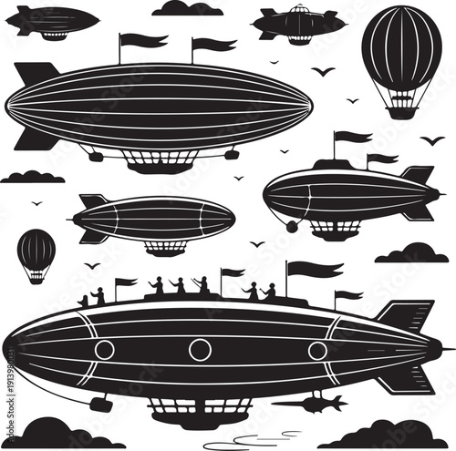 black and white illustration of various airships and hot air balloons flying
