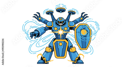 Blue Robot Character with Shield and Glowing Details.