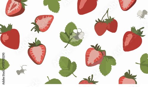 Hand drawn strawberry seamless pattern with red fruit slices and leaves on white background for textile and packaging