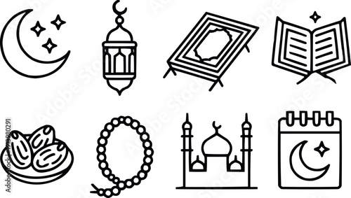 Ramadan kareem religious icon set with crescent moon lantern prayer mat holy book dates beads and mosque sign
