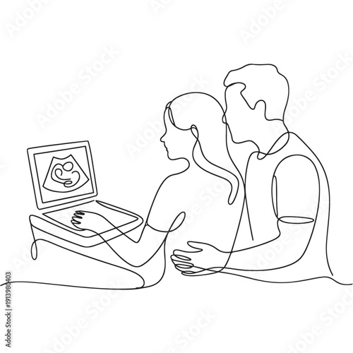 Couple looking at ultrasound image on laptop screen
