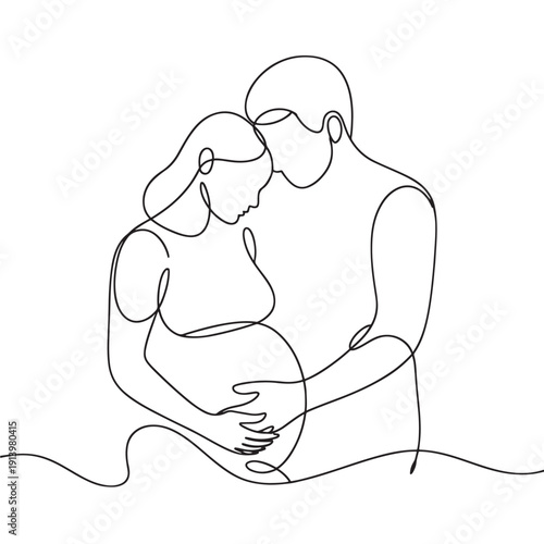Continuous line drawing pregnant couple embracing
