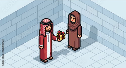 Two Men Exchanging Gift in Robes.