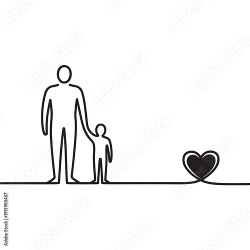 Father and child holding hands with red heart icon