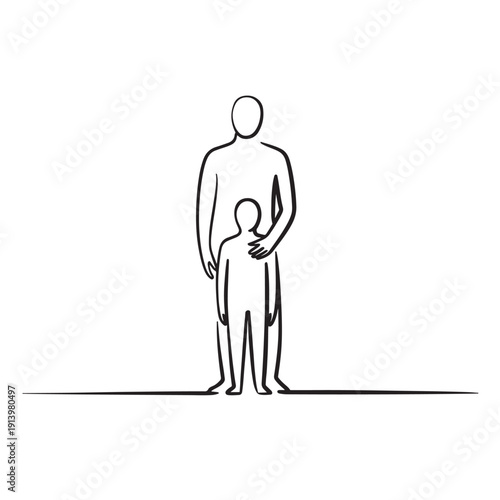 Father standing behind son in minimalist line art