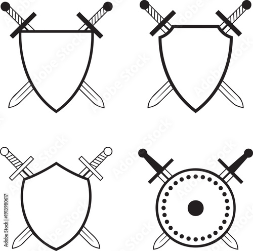 Four outline illustrations of shields and crossed swords, depicting medieval protection and weaponry
