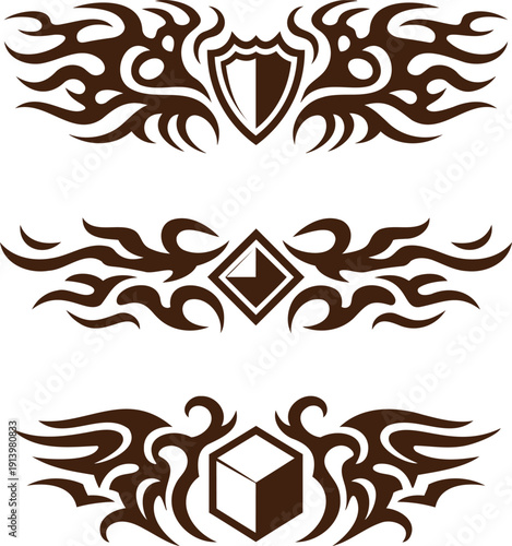 Three brown tribal flame border designs with central shield, diamond, and cube symbols on a white background