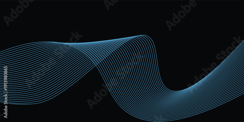 abstract wavy lines background. Vector wave lines smooth flowing dynamic blue green gradient light isolated on black background.