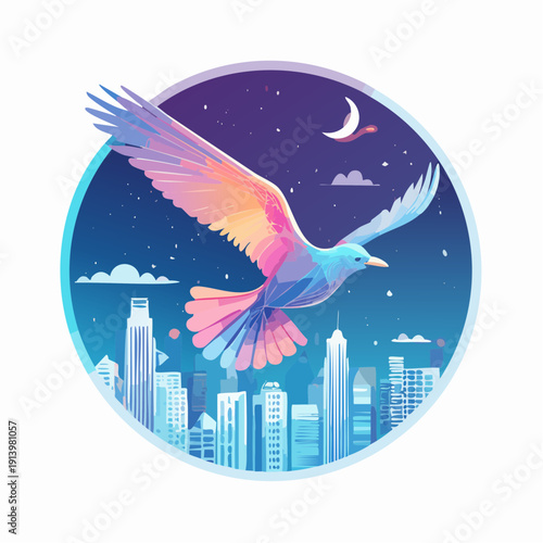 Colorful Bird's Majestic Flight Over a Serene City Skyline at Night, Expressing Freedom and Urban Harmony