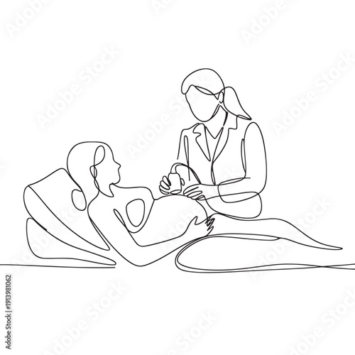 One line drawing of pregnant woman on couch with nurse