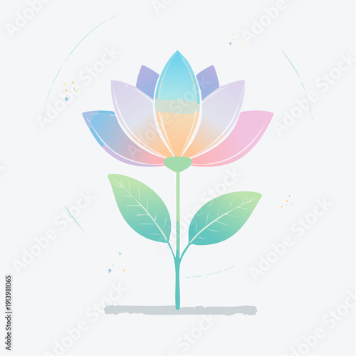 Pastel Gradient Lotus Flower Illustration with Green Leaves and Gentle Outline