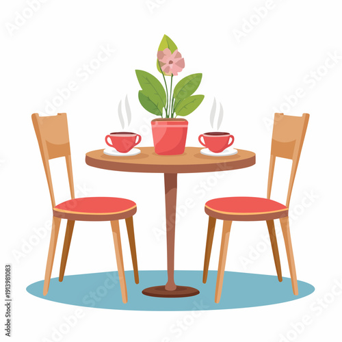 Charming cafe table setup for a cozy break, with steaming drinks and a lovely potted plant, perfect for two