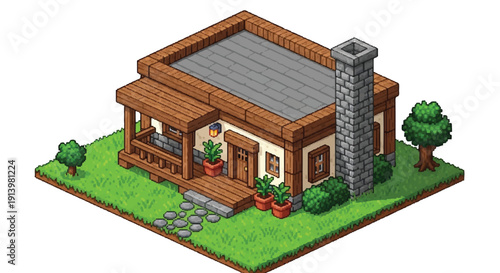 Isometric Cottage House Building with Yard.