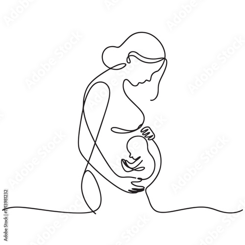 Pregnant woman with fetus in single line art style