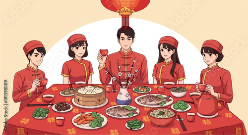 Illustration of a group of people in traditional Chinese attire sitting around a table with various dishes and a red lantern above them against a beige background.