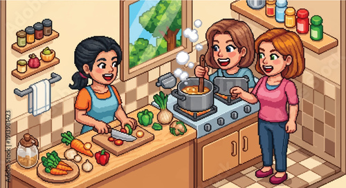 Three Women Cooking Together in Kitchen.
