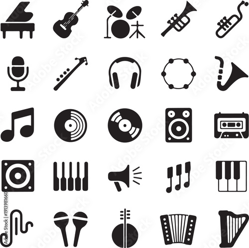 black music icons on white background