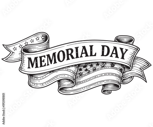 Line art of American ribbon banner with Memorial Day text