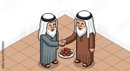 Two Men Shaking Hands in Traditional Clothing.