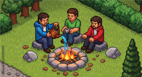 Three Men Sitting Around Campfire.