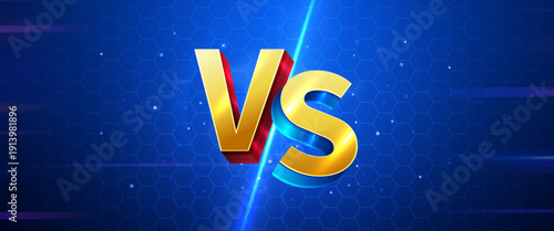 Dynamic VS Versus Screen Background, featuring 3D golden letters on a futuristic blue hexagonal pattern. Vector illustration.
