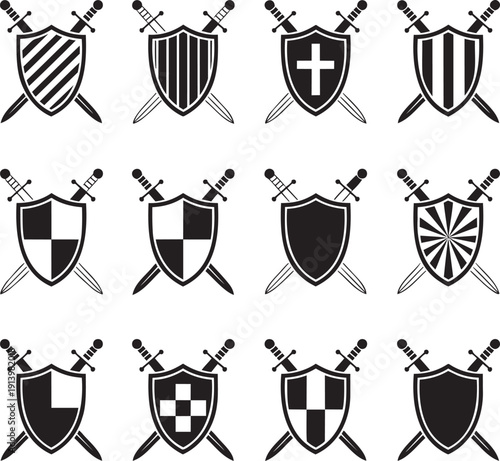 A collection of twelve classic black heraldic shield and sword emblems represents medieval knighthood and protection