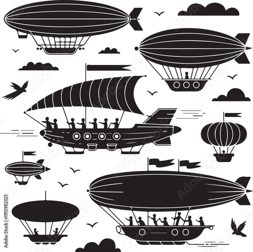 black and white vintage airships and zeppelins flying high