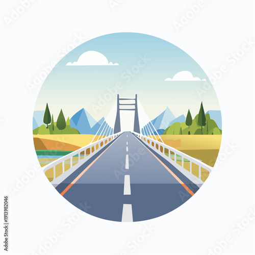 A stylized vector illustration of a modern suspension bridge traversing a scenic landscape, symbolizing journey and connection