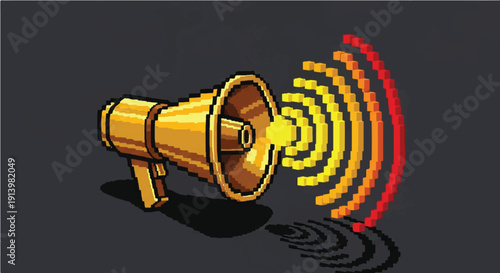 Golden Megaphone Emitting Sound Waves Loudspeaker.