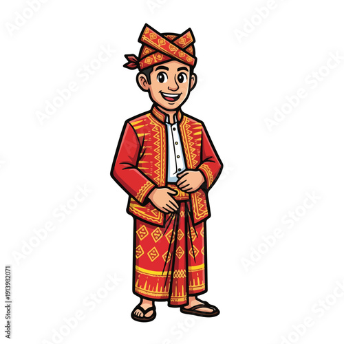 Traditional Indonesian Boy in Red Batik Outfit