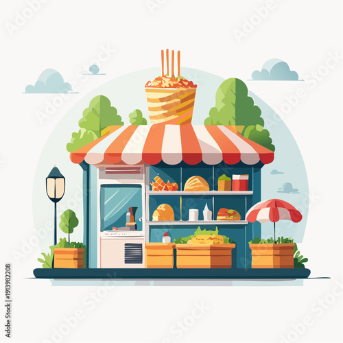 A charming street food stall with colorful awning and fresh produce displayed