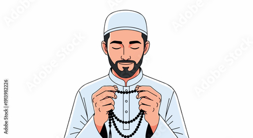 Illustration of a Muslim man wearing a white cap and holding prayer beads in his hands against a plain background.