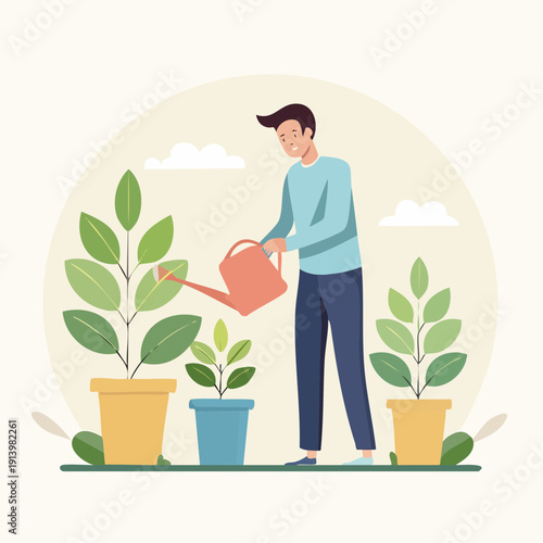 Man watering plants in pots with a watering can, enjoying a green hobby at home