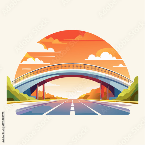 Modern highway bridge spanning across a road under a vibrant sunset sky