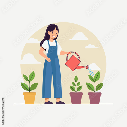 Gardening illustration of a woman watering plants in pots with a watering can
