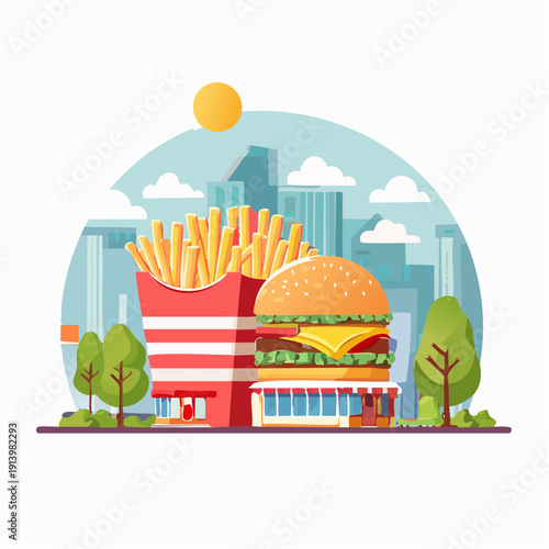 Fast food giant burger and fries illustration with city skyline background