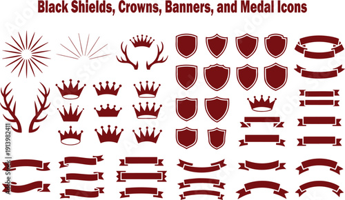A set of dark red heraldic shields, crowns, banners, and decorative starbursts for royalty themes