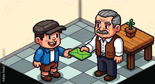 Boy Giving Money to Older Man.