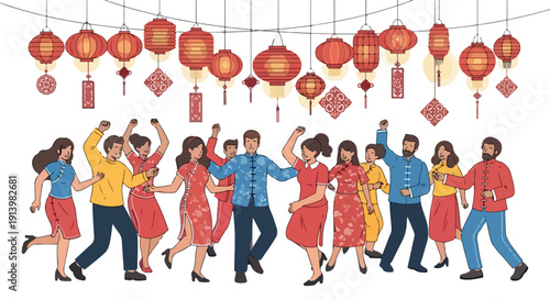 Illustration of a diverse group of people dancing under hanging red lanterns on a white background with a festive mood.