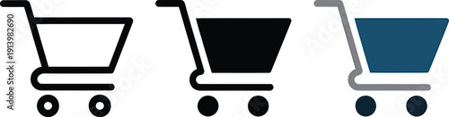 Three different styles of shopping cart icons representing retail and ecommerce concepts