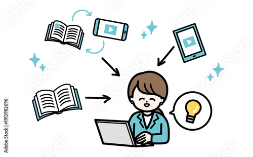 ビジネスのDX推進とリスキリングをイメージした図解ベクターイラスト。信頼感のある青緑色。