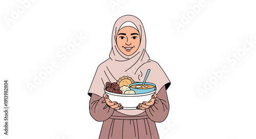 Illustration of a smiling woman wearing a hijab holding a bowl of food in her hands against a clean white background.