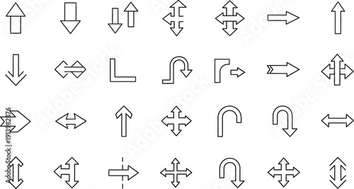 A collection of 28 unique directional arrows and symbols in black and white