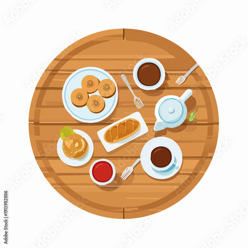 Enjoying a delightful breakfast with pastries, bread, and hot beverages on a wooden tray