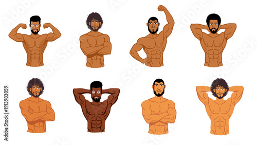 Collection of eight different male character poses showing muscles and fitness strength