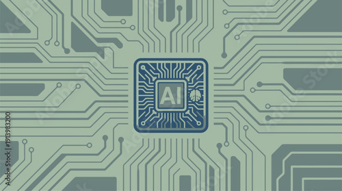 An artificial intelligence microchip at the center of a detailed circuit board pattern, representing advanced technology and computing.