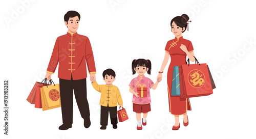 Illustration of a family of four walking together with shopping bags wearing traditional Chinese clothing on a white background.
