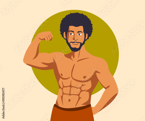 Muscular man with afro hair flexing biceps in front of green circle